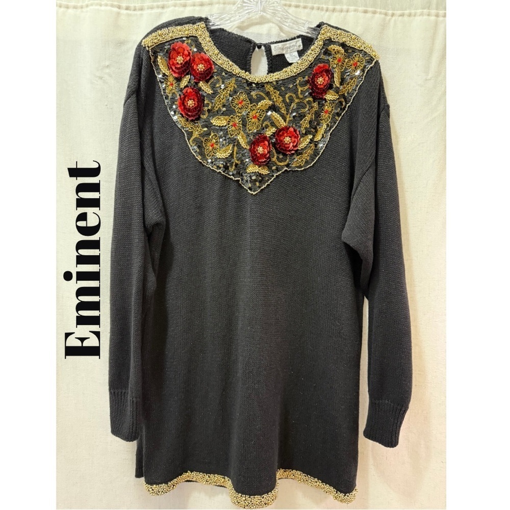 Eminent Black Beaded Sweater Size L Red Floral Embellished Holiday Vintage Chic